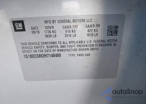2017 Chevrolet Cruze Lt Auto from USA, damaged, VIN 1G1BE5SM2H7148489
